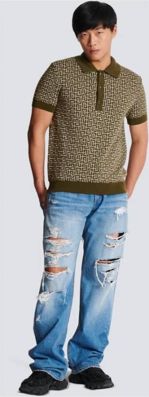 Balmain Wool polo shirt with monogram Groen Heren