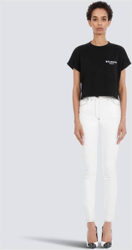 Balmain Cropped eco-designed cotton T-shirt with small flocked logo Zwart Dames