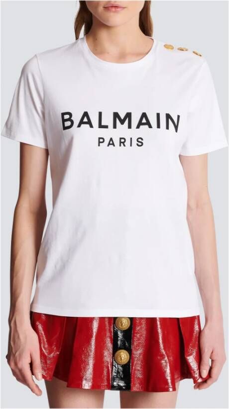 Balmain T-shirt en coton imprimé logo Wit Dames