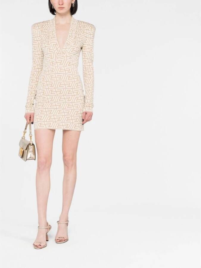 Balmain Luxe Jacquard Korte Jurk Beige Dames