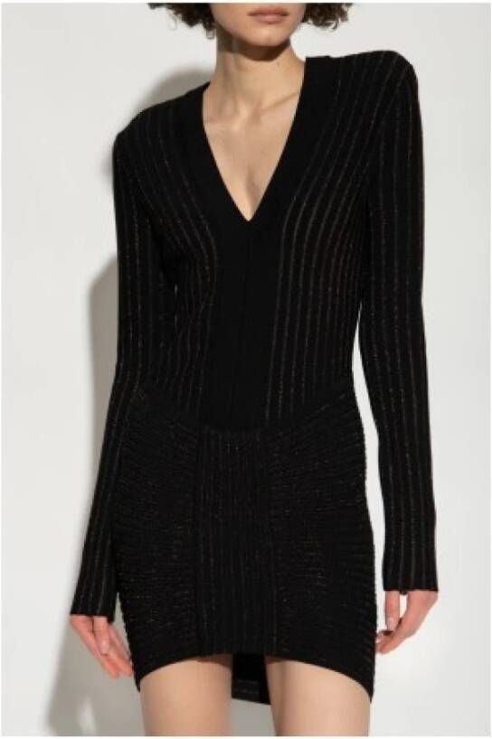 Balmain Geribbelde Zwarte Jurk met Gouden Details Zwart Dames