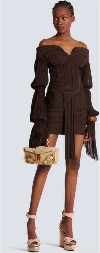 Balmain Korte gedrapeerde jurk van geplooide jersey Bruin Dames