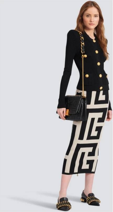 Balmain Jupe midi en maille imprimé maxi monogramme Zwart Dames