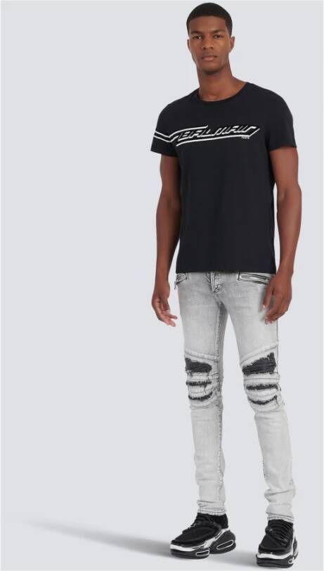 Balmain Slim cut ripped cotton jeans with synthetic leather panels Grijs Heren