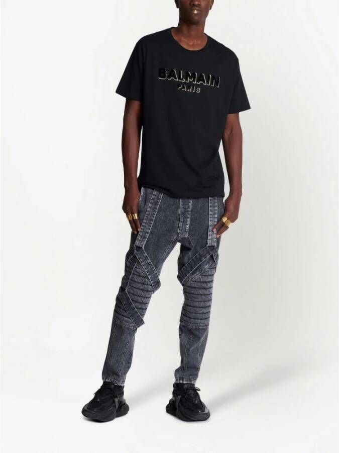 Balmain Crewneck Oversized T-shirt with Velvet Logo Black Zwart Heren