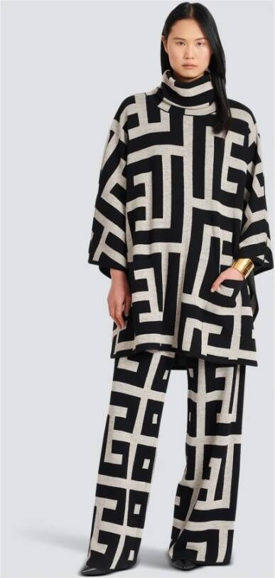 Balmain Knit poncho with maxi monogram print Zwart Dames