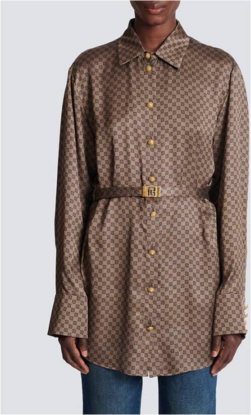 Balmain Zijden shirt met een mini-monogramprint Brown Dames
