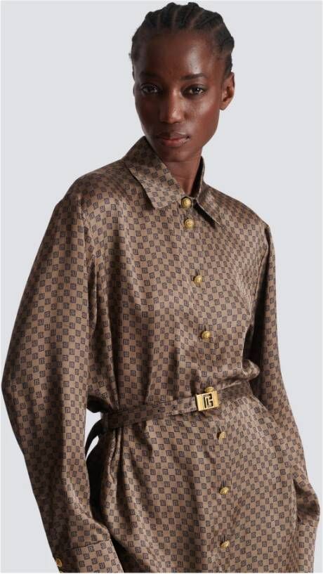 Balmain Zijden shirt met een mini-monogramprint Brown Dames