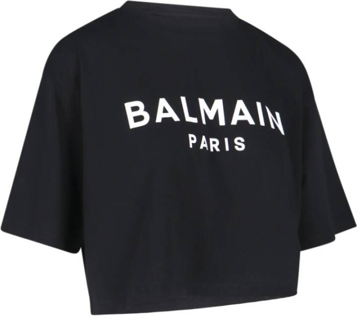 Balmain Zwarte katoenen T-shirt met wit logo Zwart Dames
