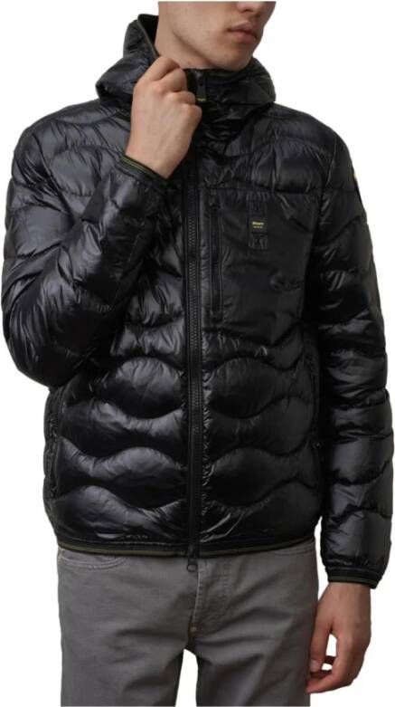 Blauer Gewatteerde Nylon Pufferjas met Capuchon Zwart Heren