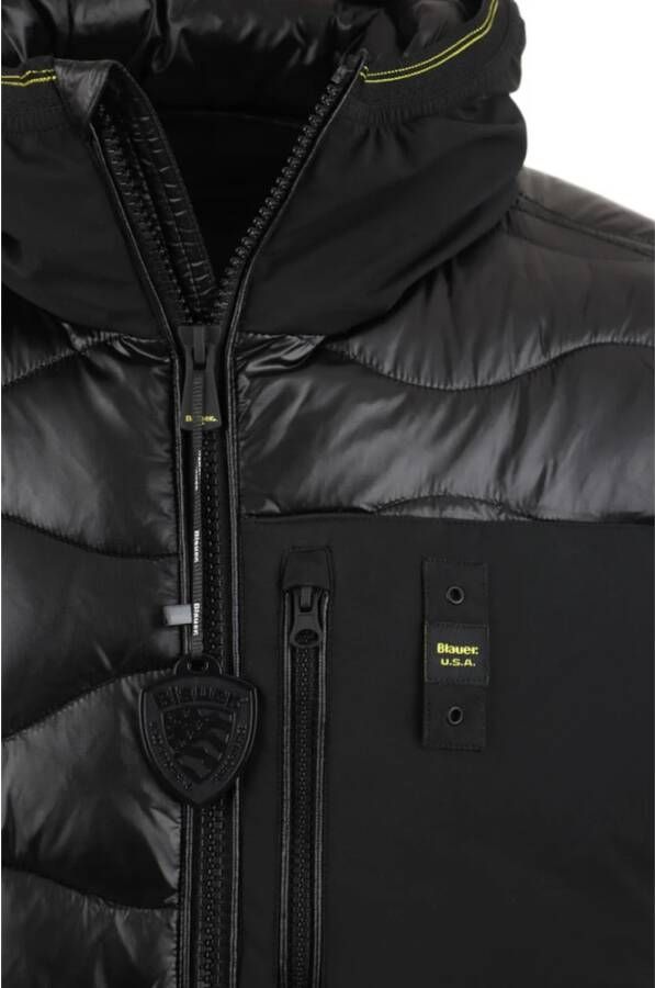Blauer Hoge kraag gewatteerde nylon jas met capuchon Zwart Heren