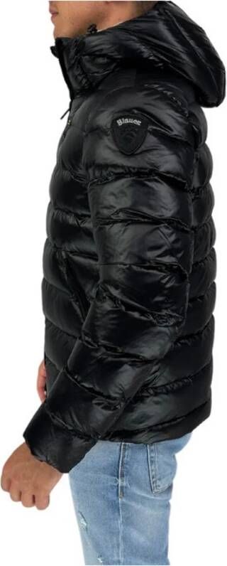Blauer Zwarte Geruite Nylon Jas met Vaste Capuchon Zwart Heren