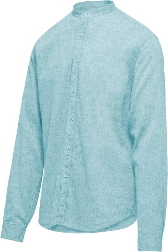 BomBoogie Linnen Katoenen Mandarin Kraag Shirt Blauw Heren