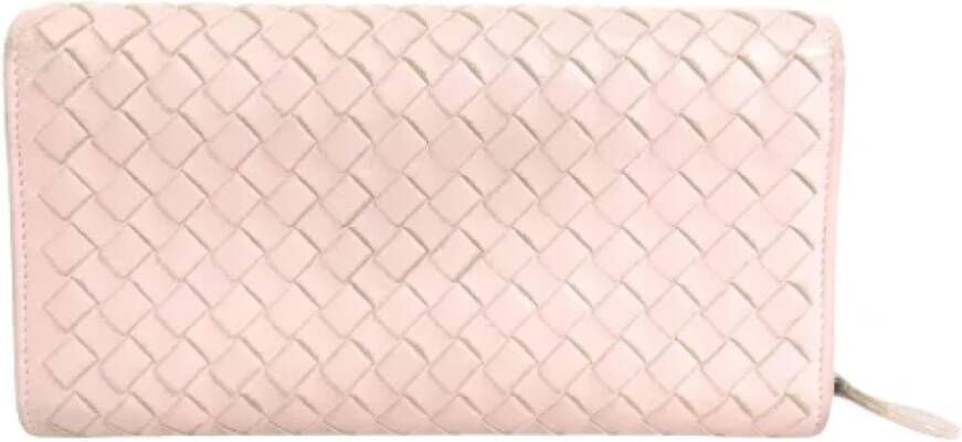Bottega Veneta Vintage Tweedehands Roze Leren Intrecciato Portemonnee Roze Dames