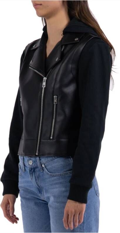 Calvin Klein Jeans Zwarte imitatieleren jas met capuchon en sweatshirtmouwen Zwart Dames
