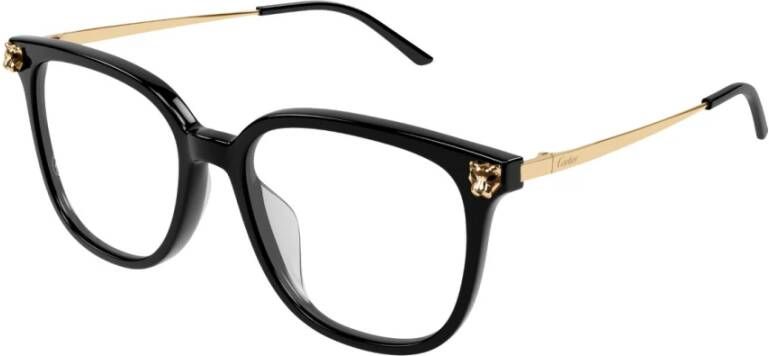 Cartier Vrouwen Zwarte en Gouden Vierkante Bril met Panthère Hoofd Black Dames