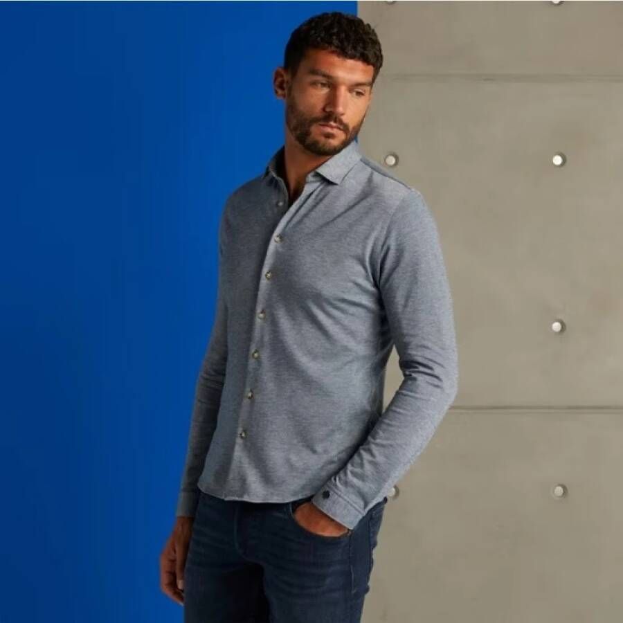 Cast Iron Overhemd- CI Long Sleeve Shirt CF Jersey Pique TEC Blauw Heren