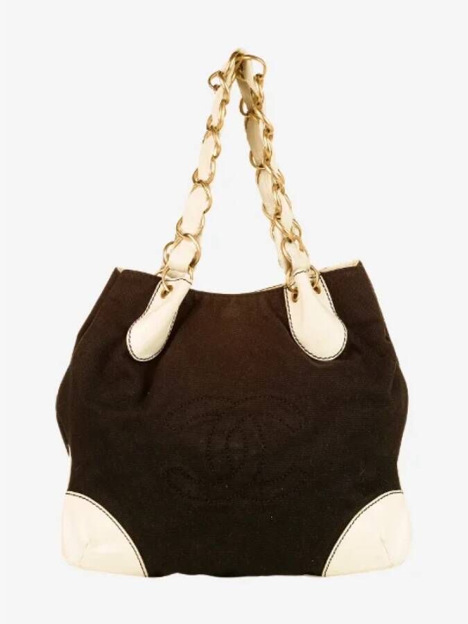 Chanel Vintage Bruine CC Canvas Leren Schoudertas Bruin Dames