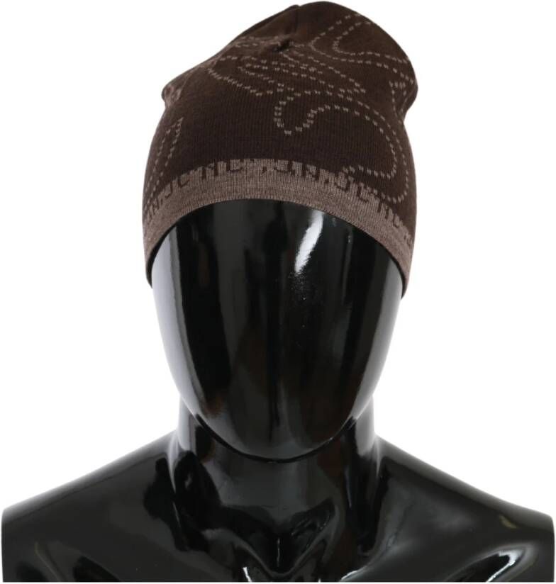 Costume National Beanie Brown Wool Blend Branded Hat Bruin Dames