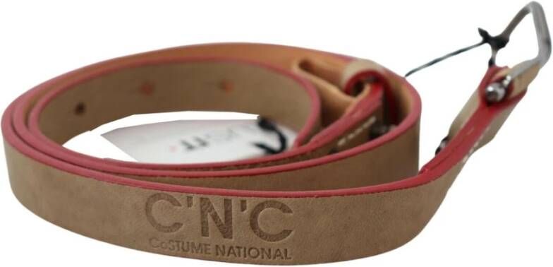Costume National Beige Leather Silver Logo Buckle Waist Belt Beige Unisex