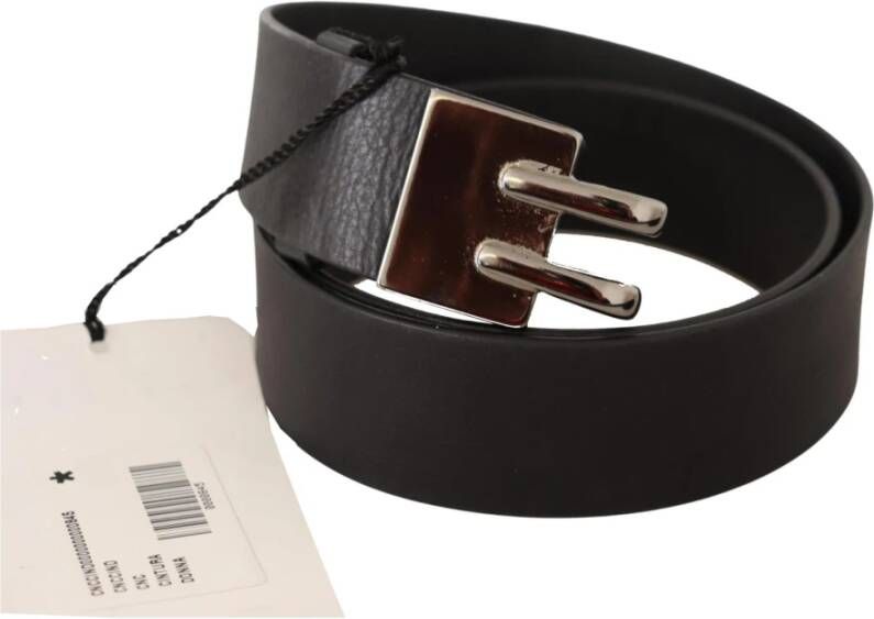 Costume National Black Leather Silver Buckle Waist Belt Zwart Dames