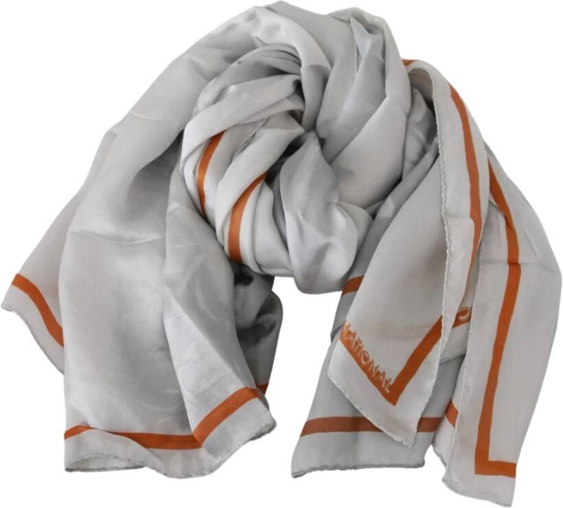 Costume National Grijs Oranje Zijden Bloemen Foulard Omslag Sjaal Grijs Dames