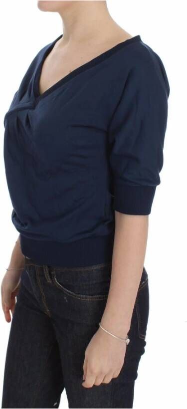 D.Exterior Blue Cotton Top Pullover Deep V-neck Women Sweater Blauw Dames