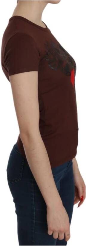 D.Exterior Brown Heart Print Crew Neck T-shirt Short Sleeve Blouse Bruin Dames