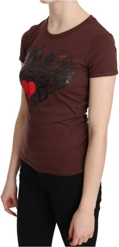 D.Exterior Brown Hearts Printed Round Neck T-shirt Top Bruin Dames