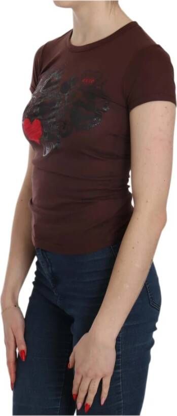 D.Exterior Brown Hearts Short Sleeve Casual T-shirt Top Bruin Dames