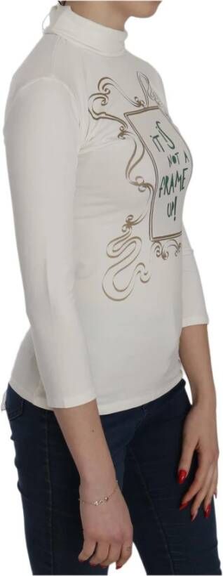 D.Exterior White Printed Turtle Neck 3 4 Sleeve Top Cotton Blouse Wit Dames