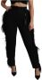 Dolce & Gabbana Black Feather Straight High Waist Wool Pants Zwart Dames - Thumbnail 2
