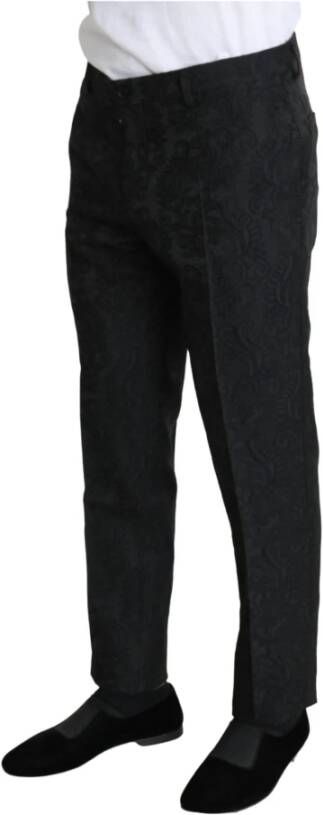Dolce & Gabbana Black Floral Brocade Slim Trouser Pants Zwart Heren