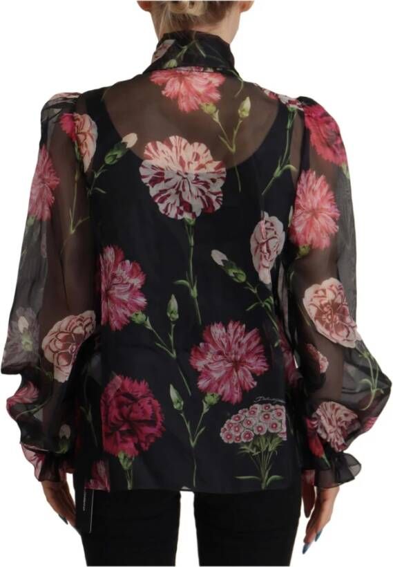 Dolce & Gabbana Black Floral Print Silk Top Shirt Blouse Zwart Dames