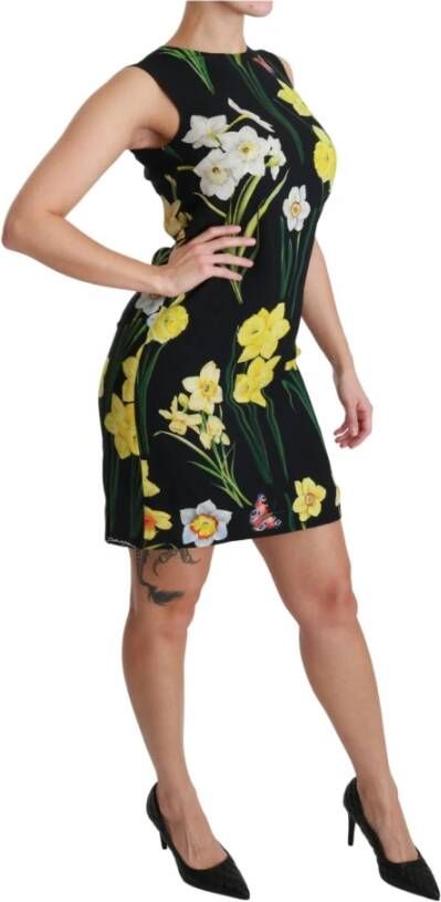Dolce & Gabbana Black Floral Sleeveless Sheath Mini Dress Zwart Dames