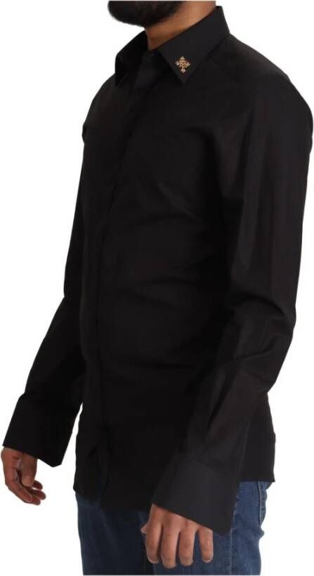 Dolce & Gabbana Black Gold Cotton Crystal Cross Slim Shirt Zwart Heren