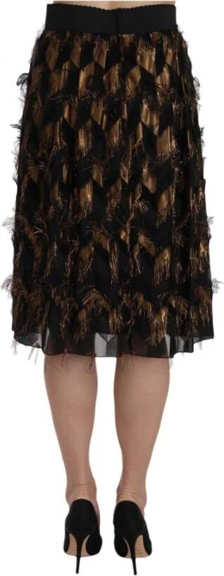 Dolce & Gabbana Black Gold Fringe Metallic Pencil A-line Skirt Zwart Dames