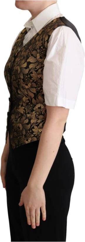Dolce & Gabbana Black Gold Jacquard Silk Waistcoat Vest Zwart Dames