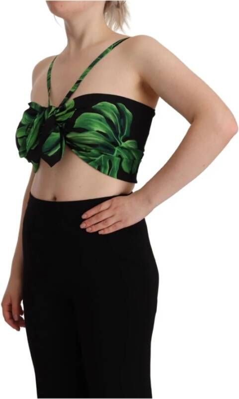 Dolce & Gabbana Black Green Leaf Silk Halter Cropped Top Zwart Dames