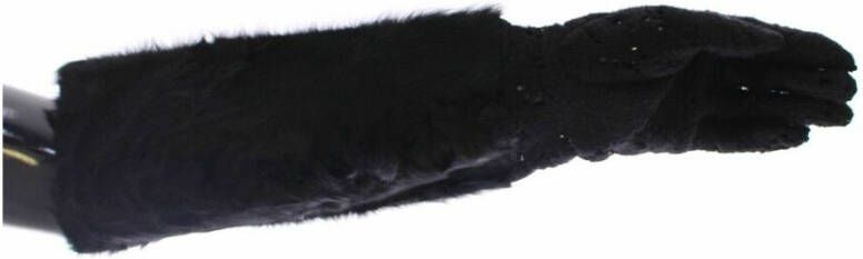 Dolce & Gabbana Black Lace Wool Lambskin Fur Elbow Gloves Zwart Dames