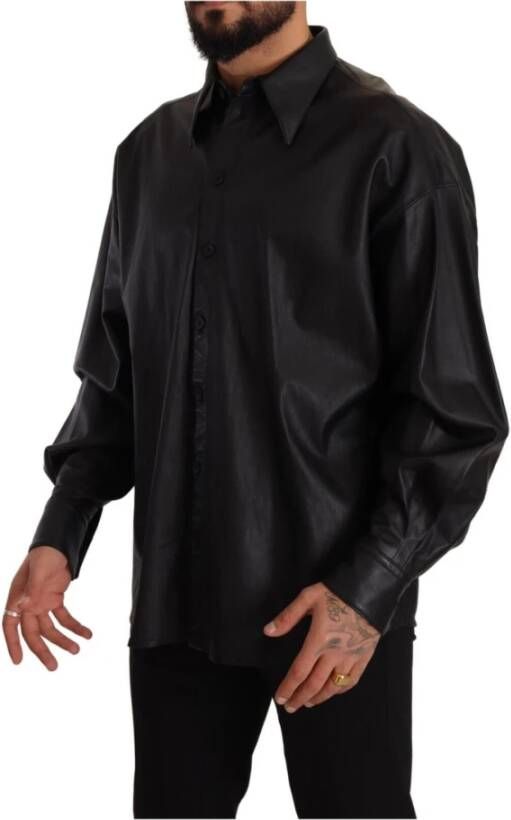 Dolce & Gabbana Black Leather Button Down Men Collared Jacket Zwart Heren