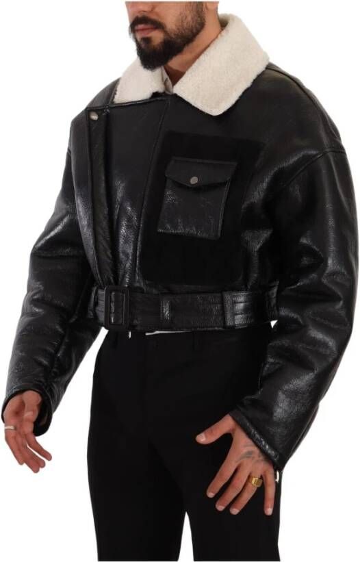 Dolce & Gabbana Black Leather Shearling Biker Coat Jacket Zwart Heren