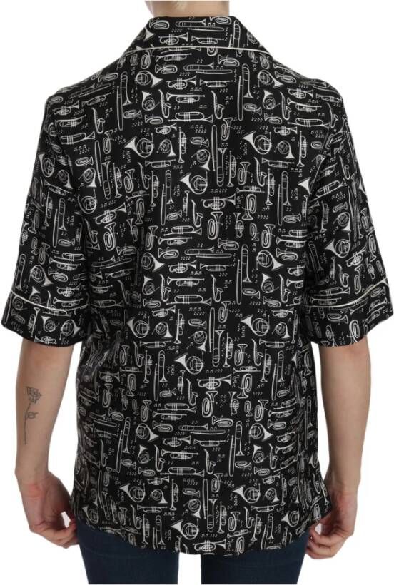 Dolce & Gabbana Black Musical Instrument Print Silk Top Zwart Heren