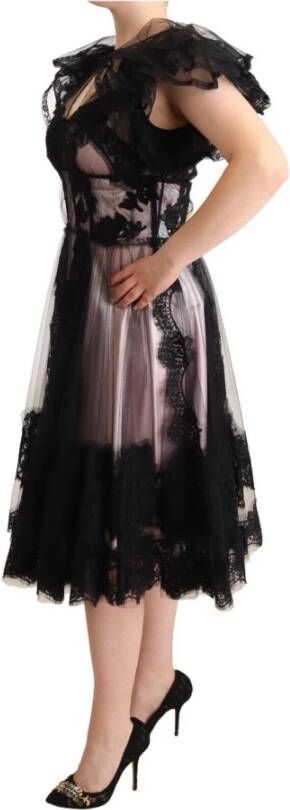 Dolce & Gabbana Black Pink Floral Lace A-line Midi Sheer Dress Zwart Dames