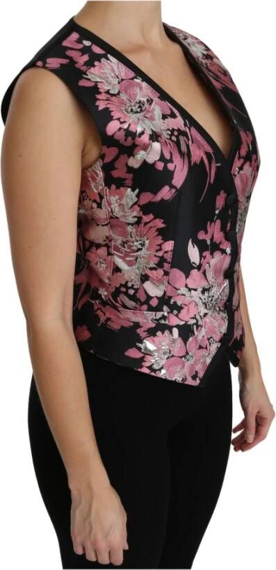Dolce & Gabbana Black Pink Floral Waistcoat Vest Blouse Top Zwart Dames