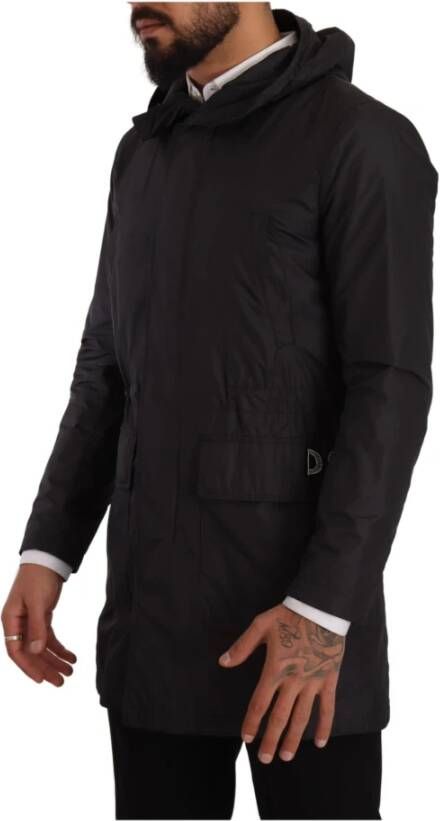 Dolce & Gabbana Black Polyester Hooded Parka Coat Jacket Zwart Heren
