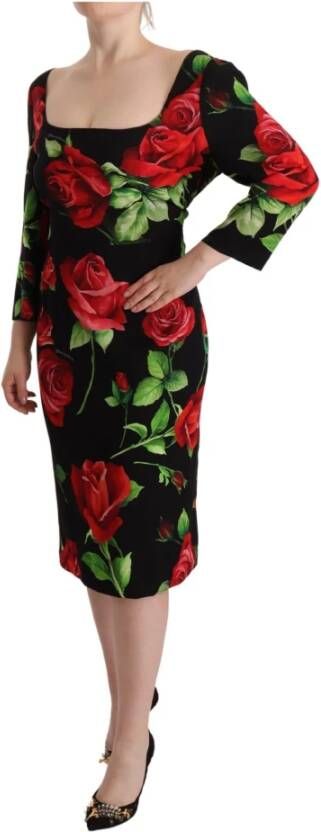 Dolce & Gabbana Black Red Roses Sheath Stretch Silk Dress Zwart Dames
