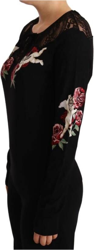 Dolce & Gabbana Black Silk Knit Roses Angel Pullover Sweater Zwart Dames
