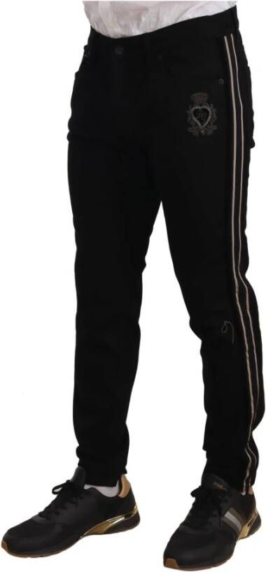 Dolce & Gabbana Black Skinny Fit Denim Side Band Jeans Pant Zwart Heren