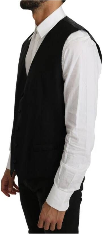Dolce & Gabbana Black Solid Wool Silk Vest Zwart Heren